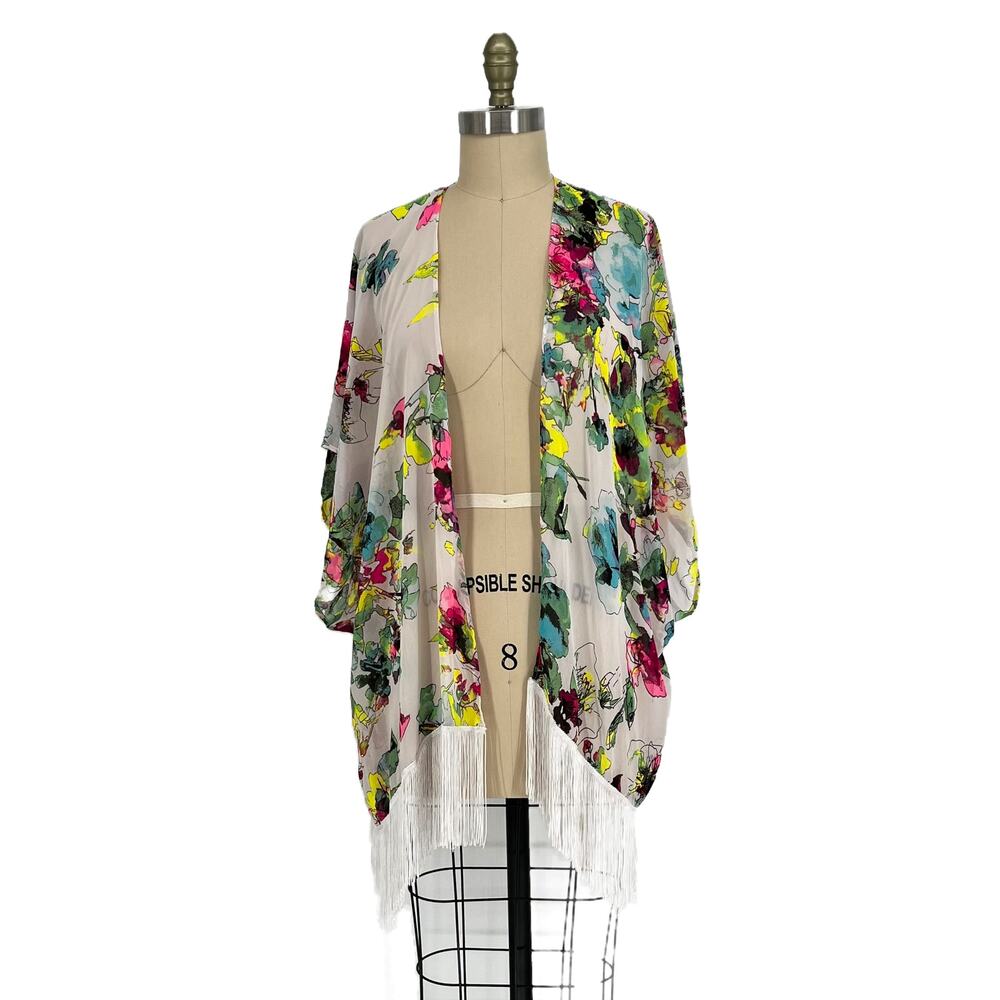 OP Ocean Pacific Floral Fringe Kimono Beach Swim Cover-up size Medium